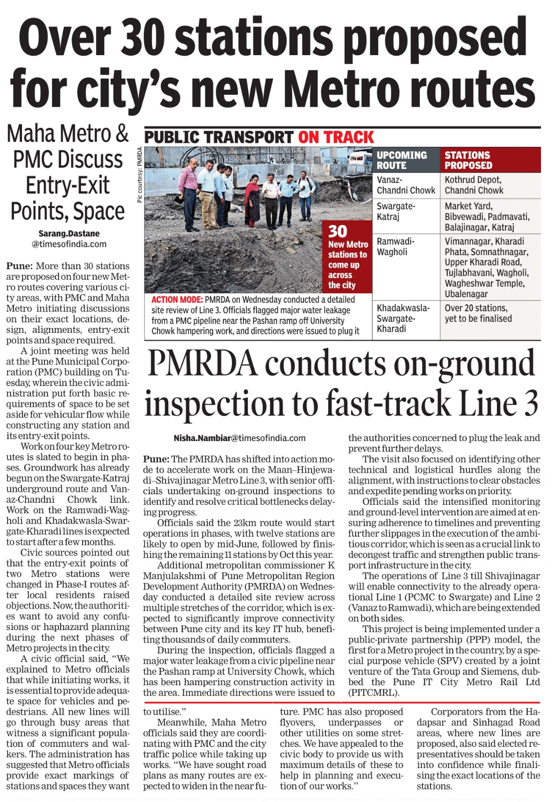 Over 30 stations proposed for city's new Metro routes PUBLIC TRANSPORT ON TRACK Maha Metro & PMC Discuss Entry-Exit Points, Space