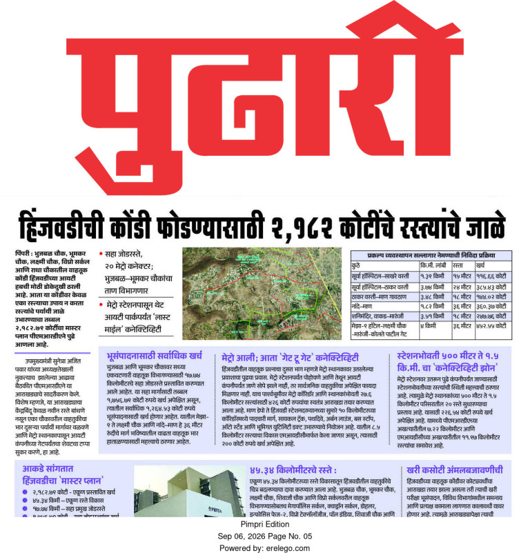 हिंजवडीची कोंडी फोडण्यासाठी २,१८२ कोटींचे रस्त्यांचे जाळे – Pudhari, Pimpri Edition (06 Sep 2026) Pg 5